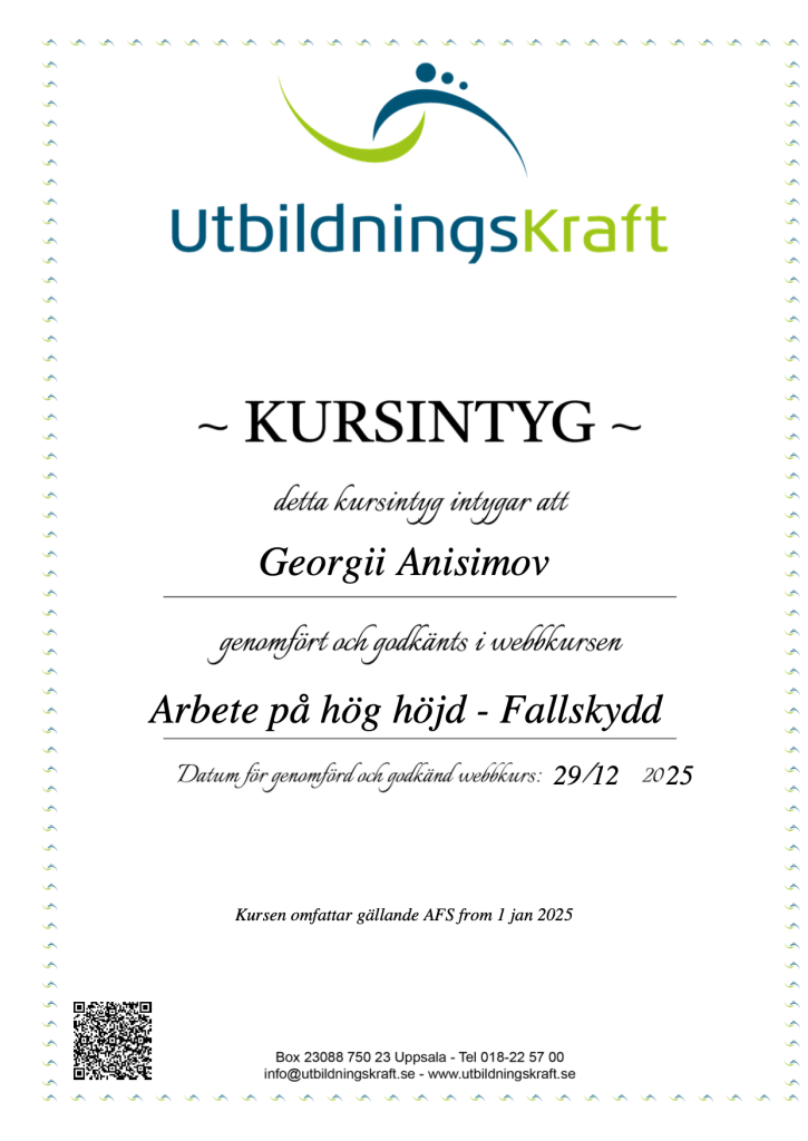 Fallskydd certifiering arbete på höjd Stockholm – säker takläggning VERTEX TAK AB