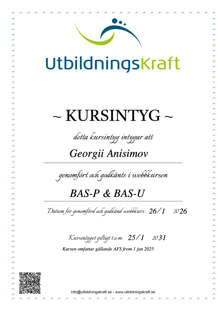 BAS-P och BAS-U certifiering byggarbetsmiljö Stockholm – takläggare VERTEX TAK AB